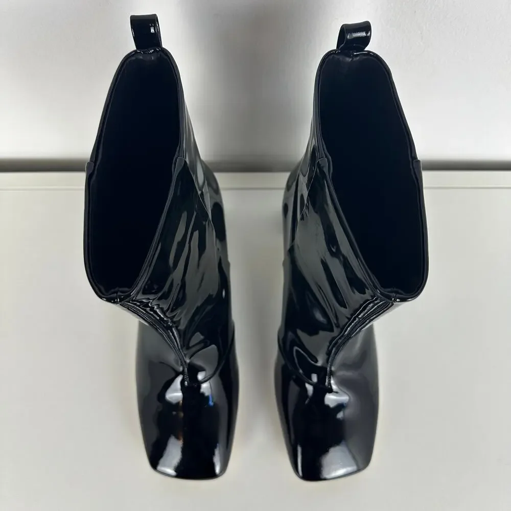 NWOB Good American Womens Pull-On Square Toe Black Patent Leather Ankle Boots 9